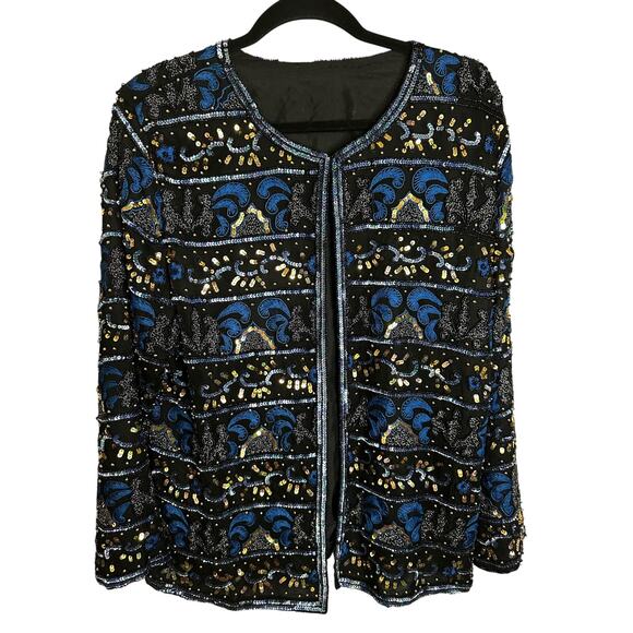 1980s Sequin beaded 46” bust Adrian Papell Dinner Jacket Large XL Cuple - Picture 2 of 5